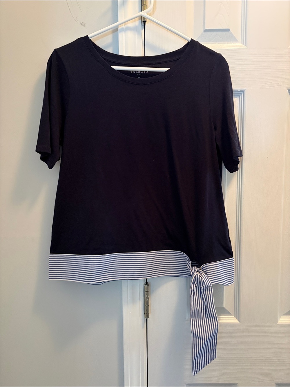 Talbots Navy Short-Sleeve Top with Blue-White Striped Tie Hem